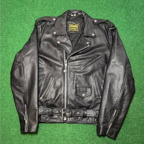 Vintage 90s Genuine Leather Black Full Zip Moto Motorcycle Biker  